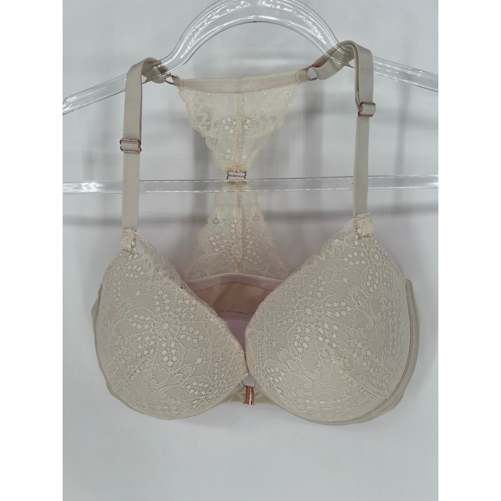 PINK Victoria's Secret Date Push-Up Bra 36DD Cream Lace Racerback‎ Front Clasp